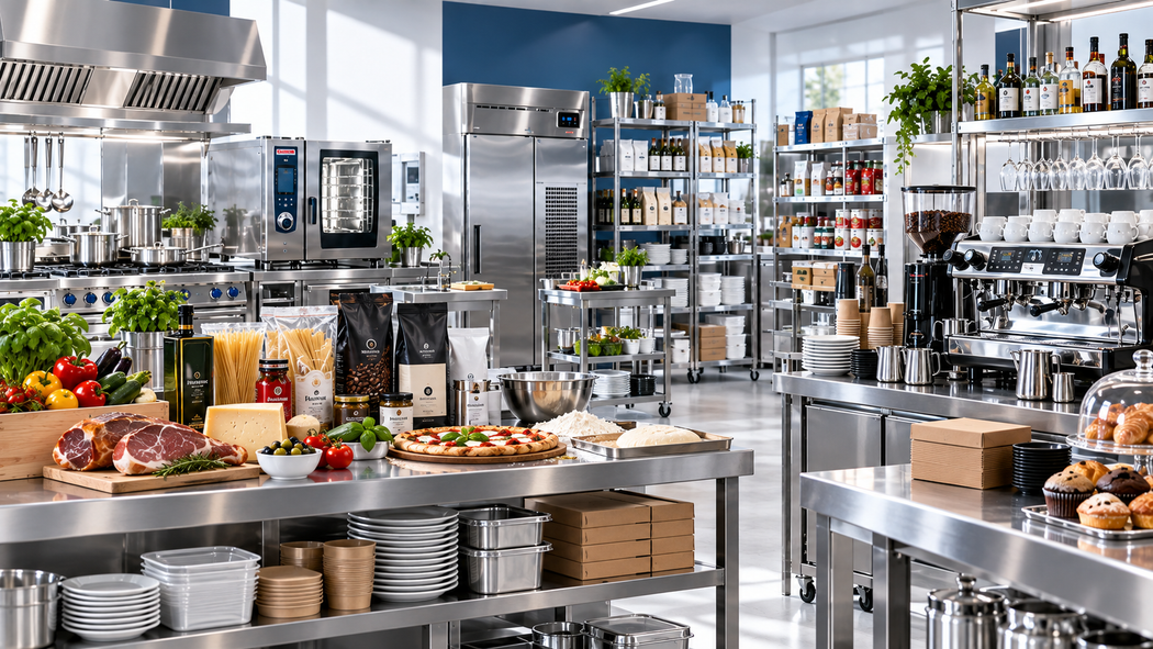 Cucina moderna a buffet con tavoli in acciaio inox, piatti pronti, scaffali e ampie finestre.