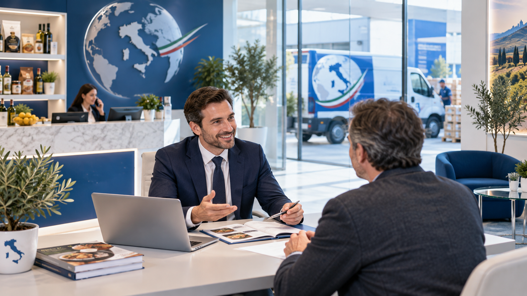 In un ufficio moderno, due uomini discutono di un computer portatile seduti a una scrivania con il logo di un globo blu sullo sfondo.