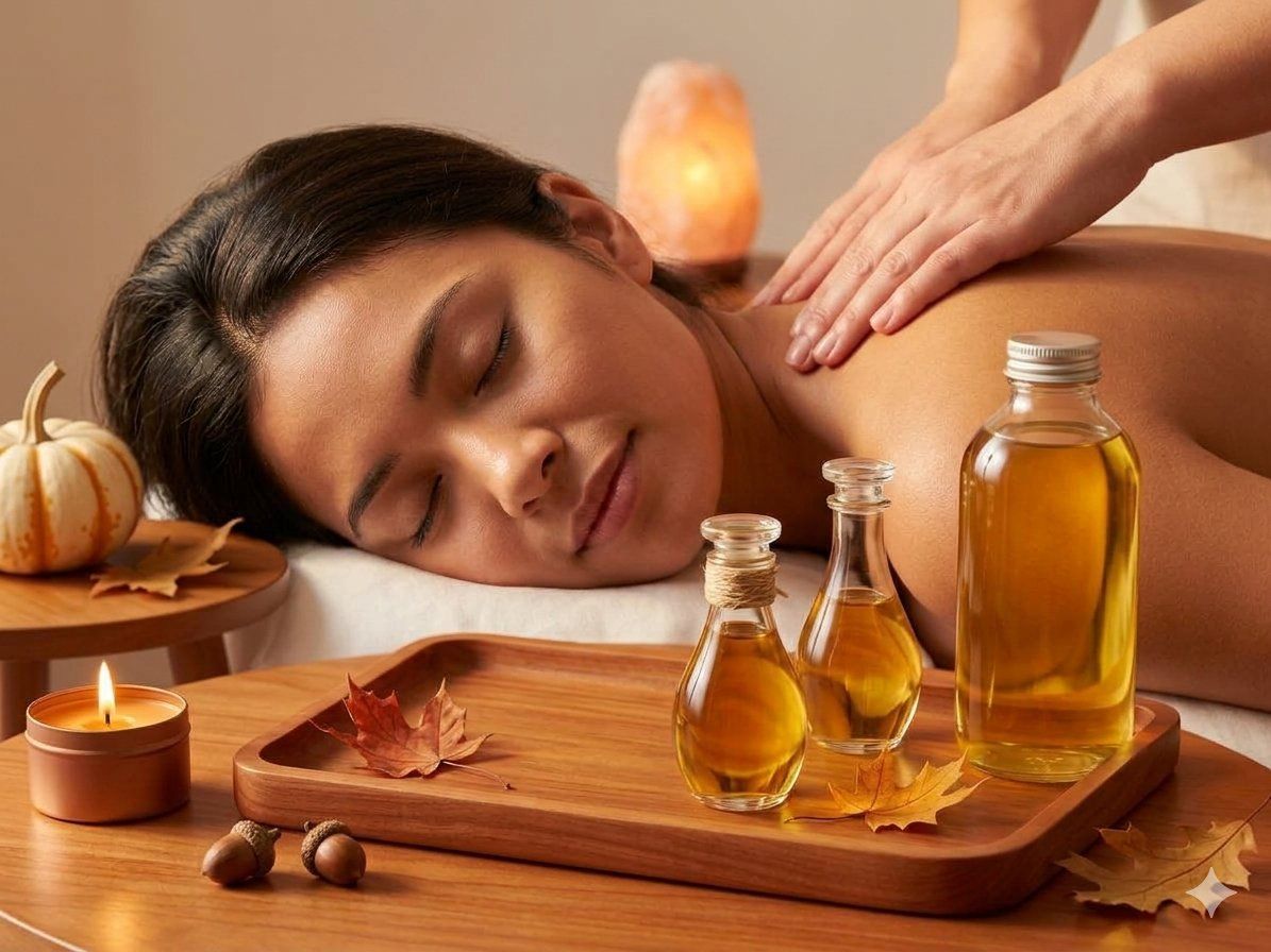 Woman receiving a spa massage with orchid flowers and essential oil bottles on a soft beige table