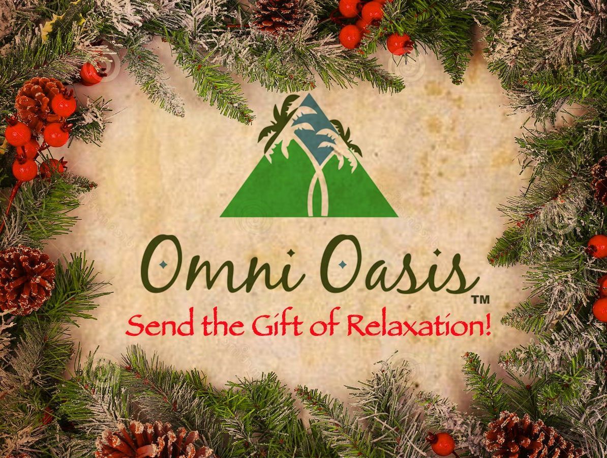 Omni Oasis logo with green mountain icon and the tagline “Send the Gift of Relaxation!” surrounded by greenery and flowers