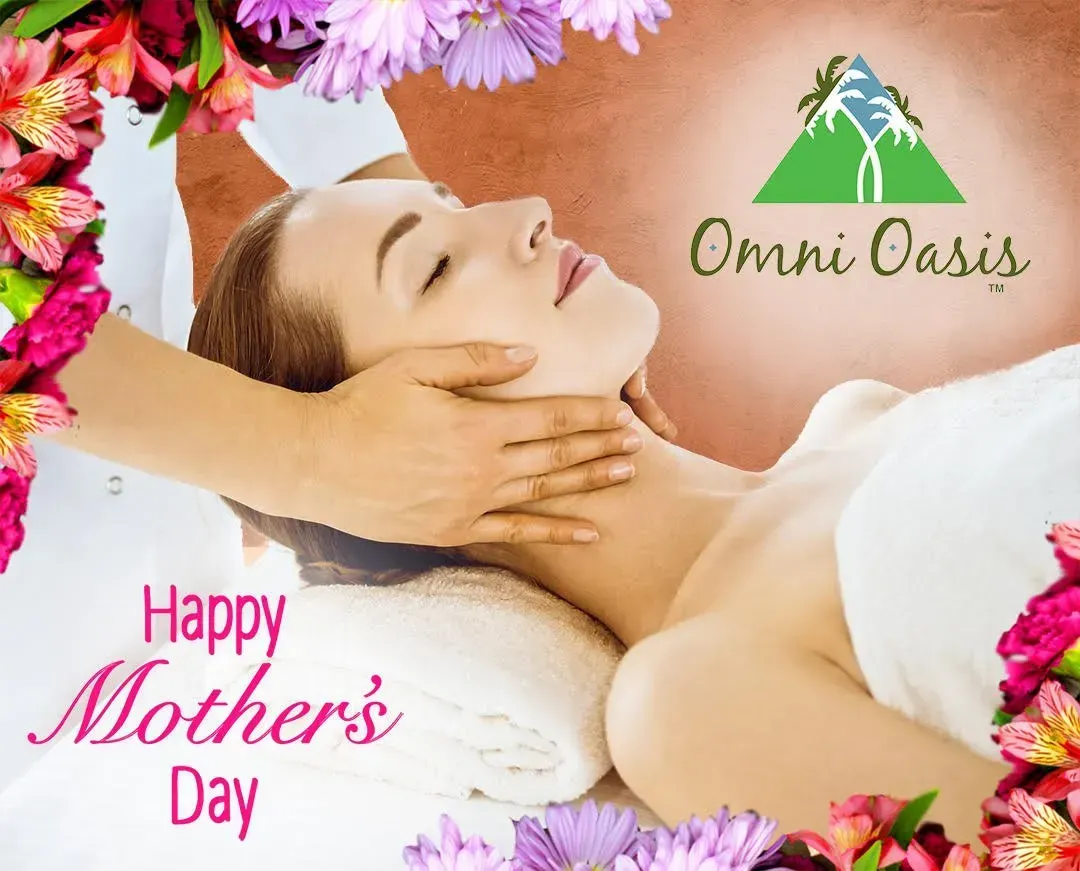 Mother receiving a facial massage with flowers, labeled “Happy Mother’s Day” and “Omni Oasis.”