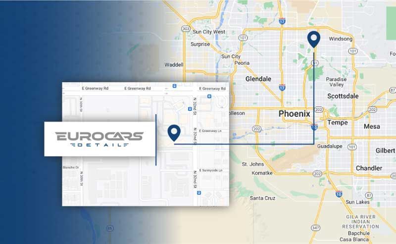 Map showing Eurocars Retail location in Phoenix, AZ, with a blue overlay and a connecting line to a further point.