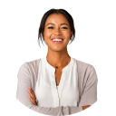 Smiling woman with arms crossed wearing a white blouse and gray cardigan.