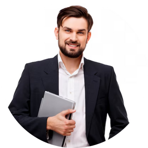 Smiling man in suit holding a laptop.