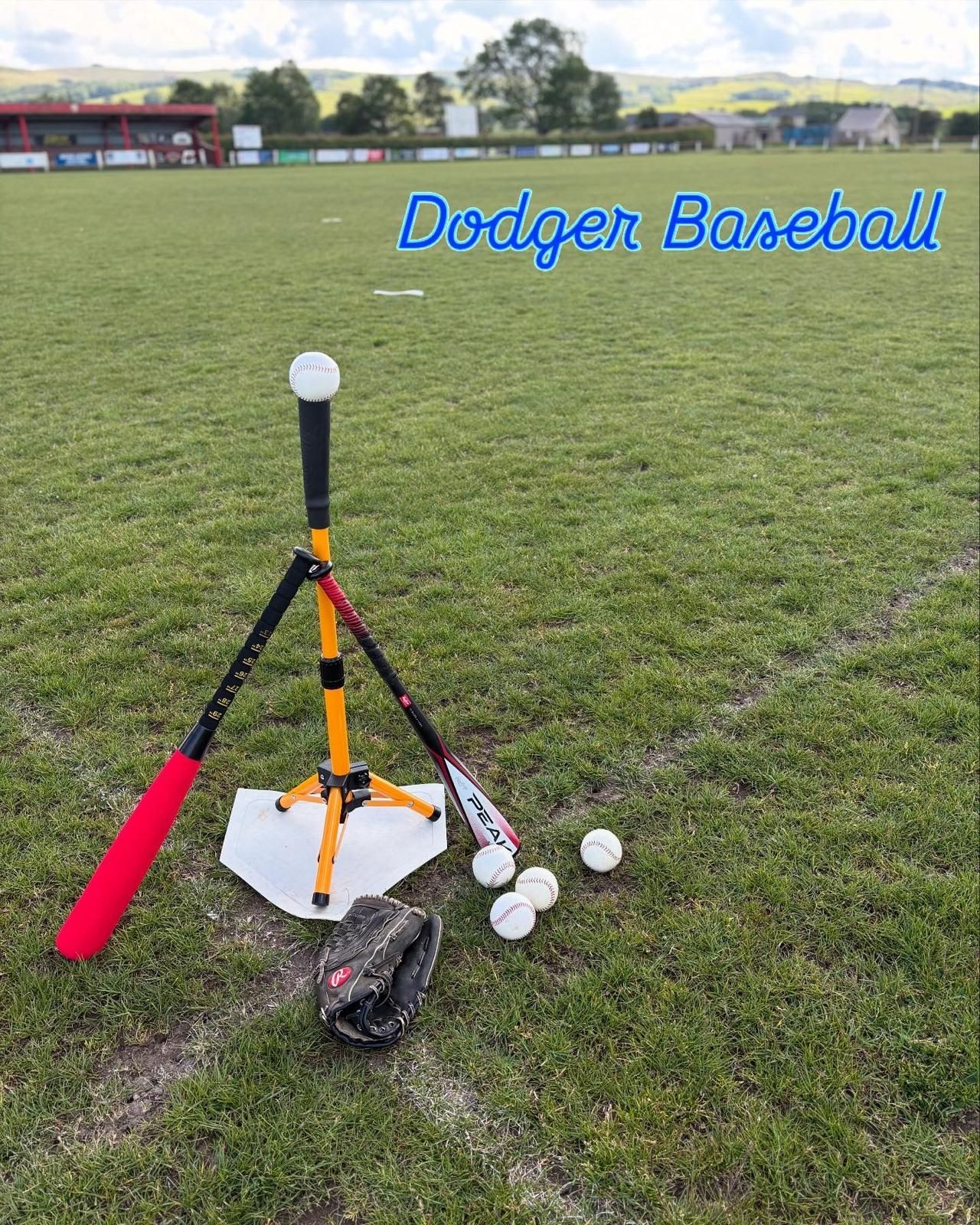 Baseball equipment on a grassy field: tee, bats, balls, glove. Dodger Baseball text.