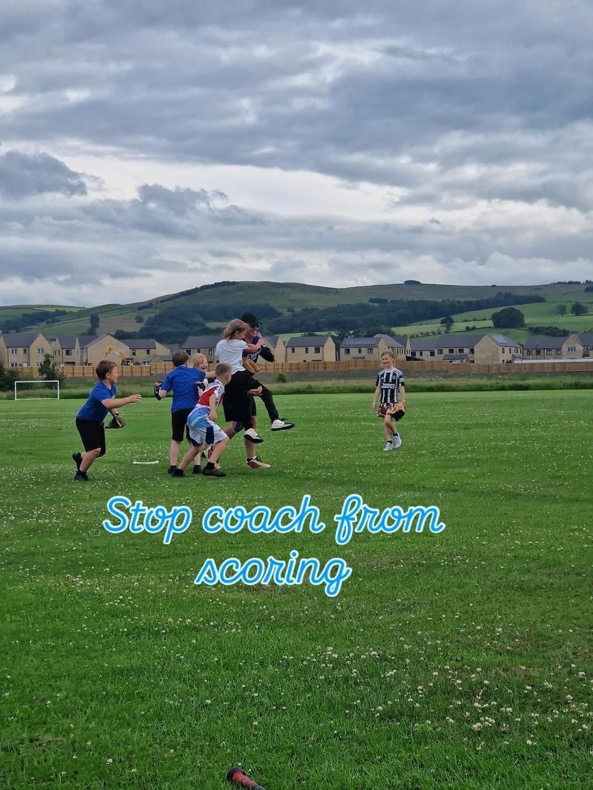 Kids playing on a grassy field, trying to stop a person from scoring. Cloudy sky, rolling hills in the background.