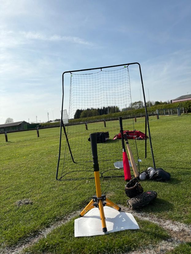 Baseball training equipment on a green field: batting tee, net, bat, balls, and a baseball glove.