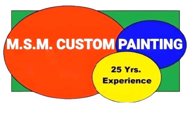 MSM CUSTOM PAINTING Logo for M.S.M. Custom Painting, orange circle with text, blue and yellow circles overlapping, green background.