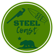 Green circular STEEL Const logo with wrench, claw, and bear silhouettes.