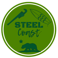 Green circular STEEL Const logo with wrench, claw, and bear silhouettes.