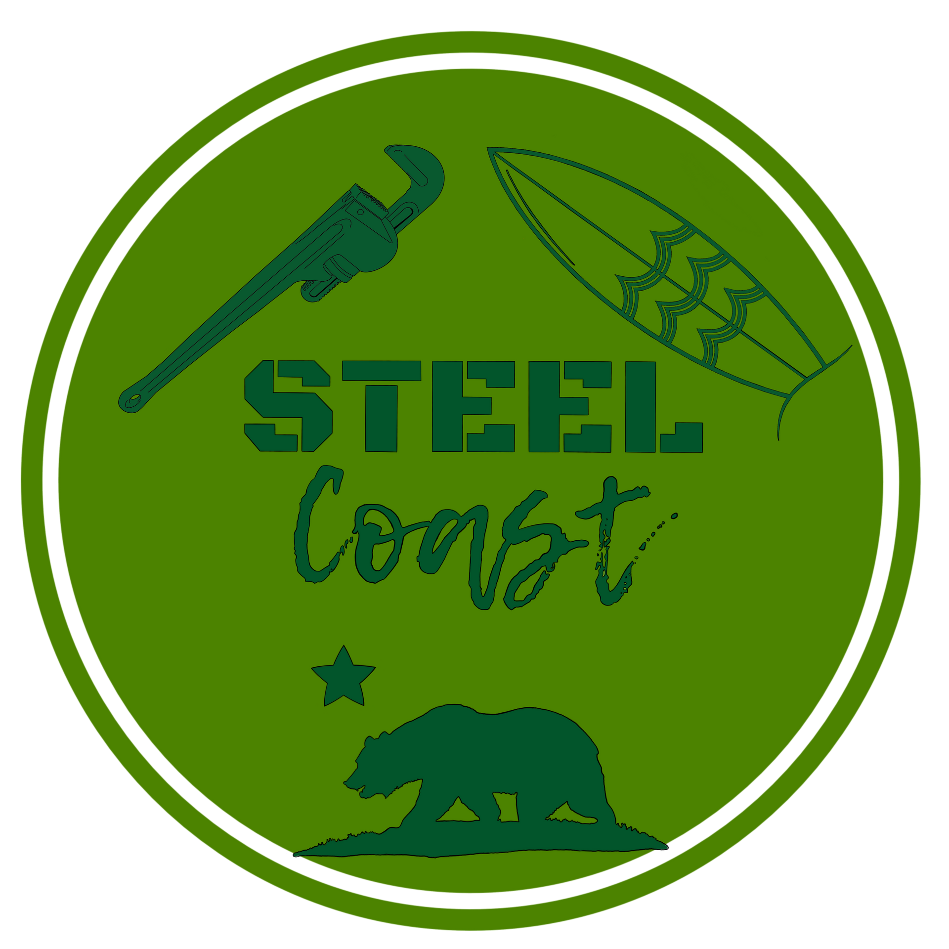 Green circular STEEL Const logo with wrench, claw, and bear silhouettes.