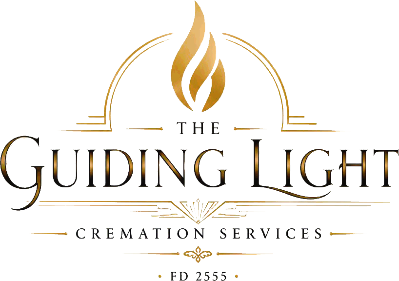 The Guiding Light Cremation Services logo in gold and black with a flame icon and arched lines
