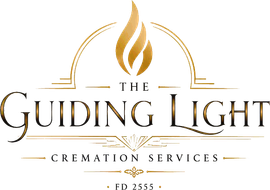 The Guiding Light Cremation Services logo in gold and black with a flame icon and arched lines