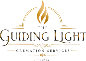The Guiding Light Cremation Services logo in gold and black with a flame icon and arched lines