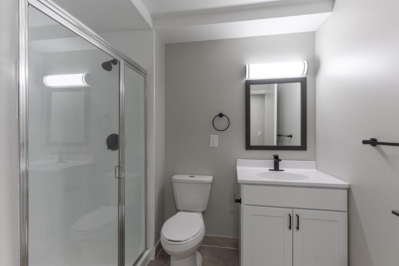 modern bathroom with glass shower, toilet, and white vanity with mirror.