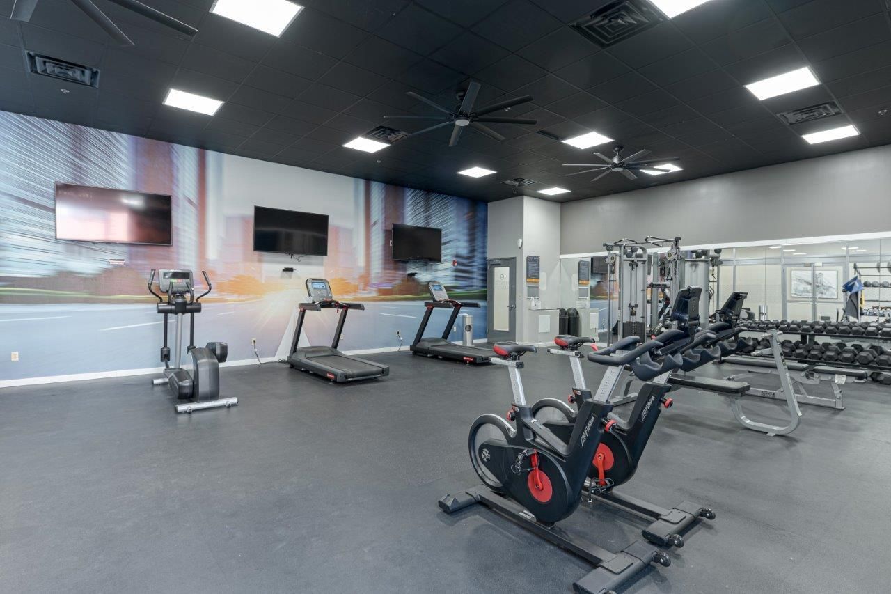Empty modern gym with treadmills, stationary bikes, and weight machines under bright ceiling lights