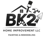Logo for BK2 Home Improvement: a house shape above the letters BK2, with a paw print in the B, tools, and text "Home Improvement LLC" and "Painting & Remodeling".
