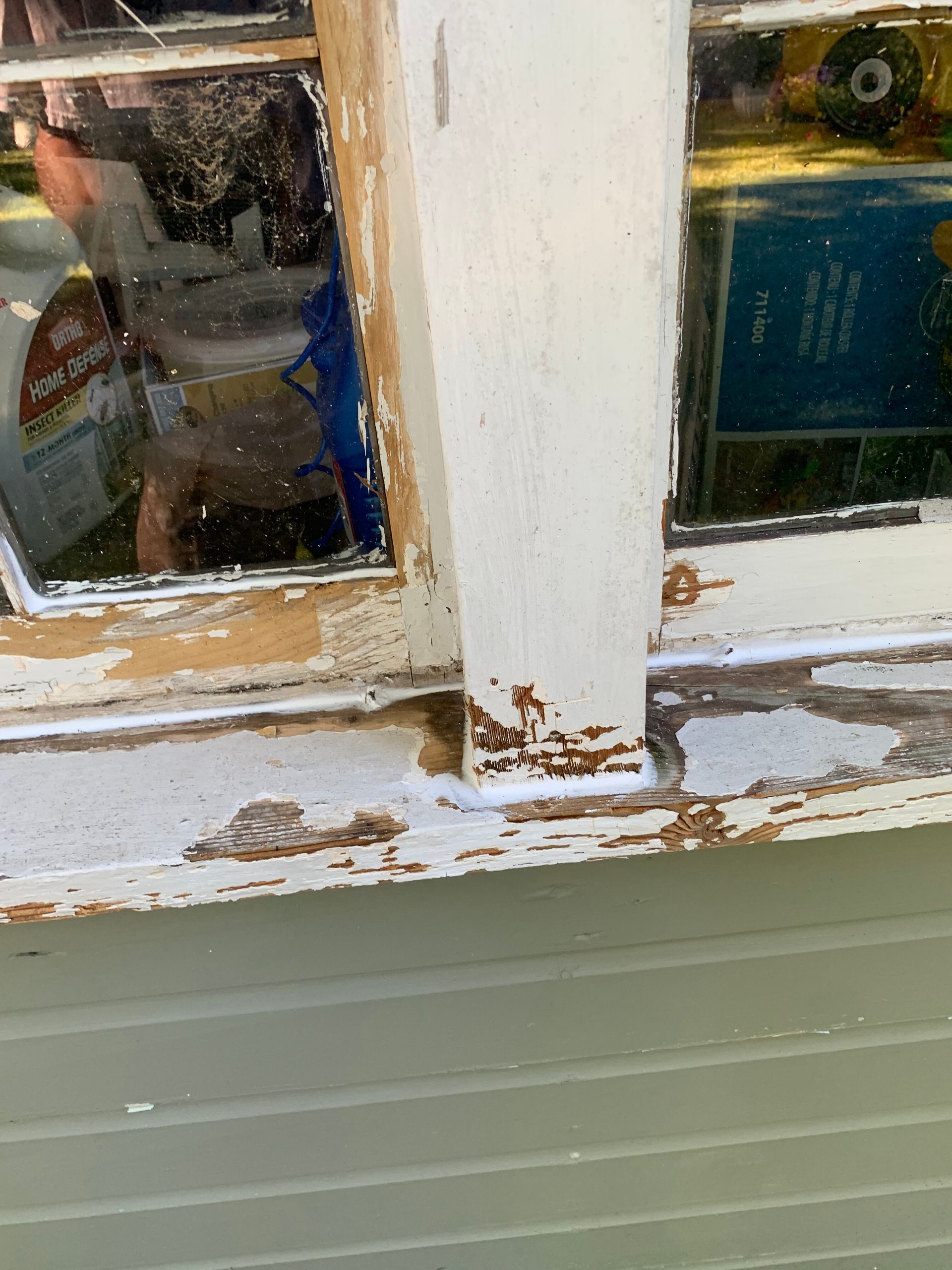 Close-up of a window frame with peeling white paint and weathered wood over green siding.