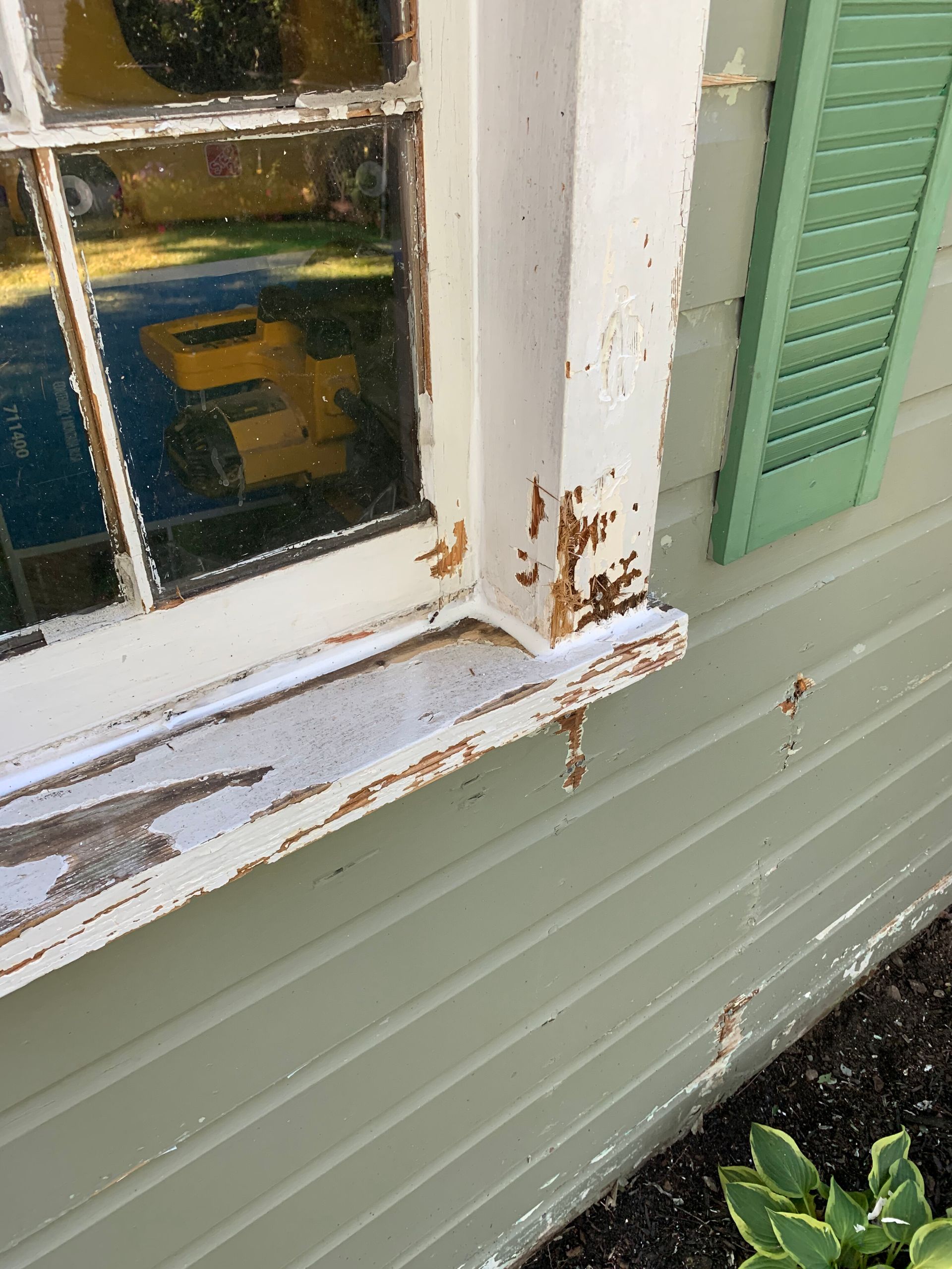 Close-up of a window with peeling white paint and green siding. Green shutter visible on the right.