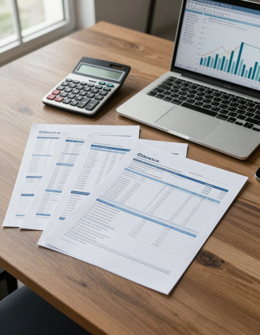 Calcolatrice e laptop con report finanziari e un grafico a barre su una scrivania di legno