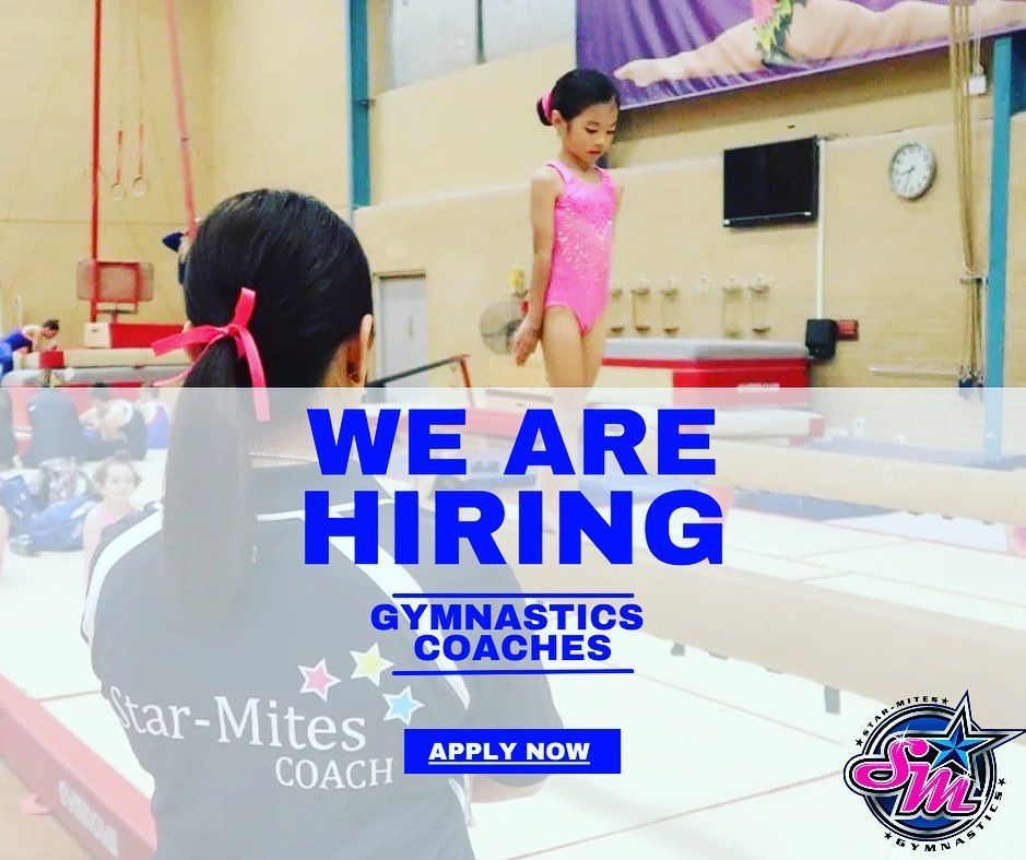 Gymnastics gym hiring ad: coaches needed. Girl on balance beam; another in pink leotard. Blue and white text, logo.