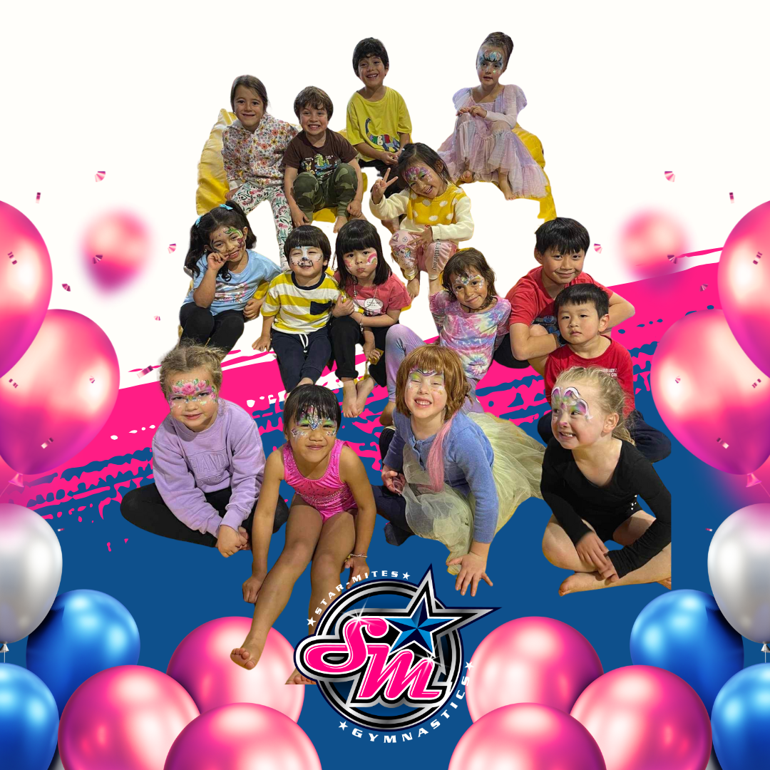 Group of children with face paint, posing with balloons. Blue and pink color scheme. Party theme.