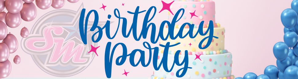 Birthday party banner with pink and blue balloons, a cake, and the words 