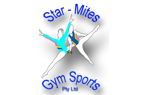 Star-Mites Gym Sports logo: Two gymnasts in star shape, blue text and logo.