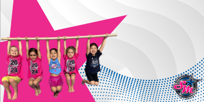 Five children hanging from a wooden bar. Background has a large pink star. Blue and white graphic in the background.