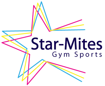 Star-Mites Gym Sports logo: a star outline in overlapping pink, yellow, and blue lines with the company name in navy.
