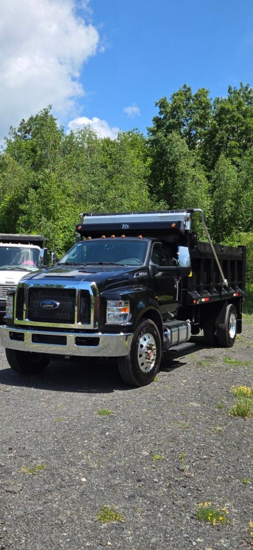 Black Ford F-650 dump truck parked on gravel, with trees and blue sky in the background.