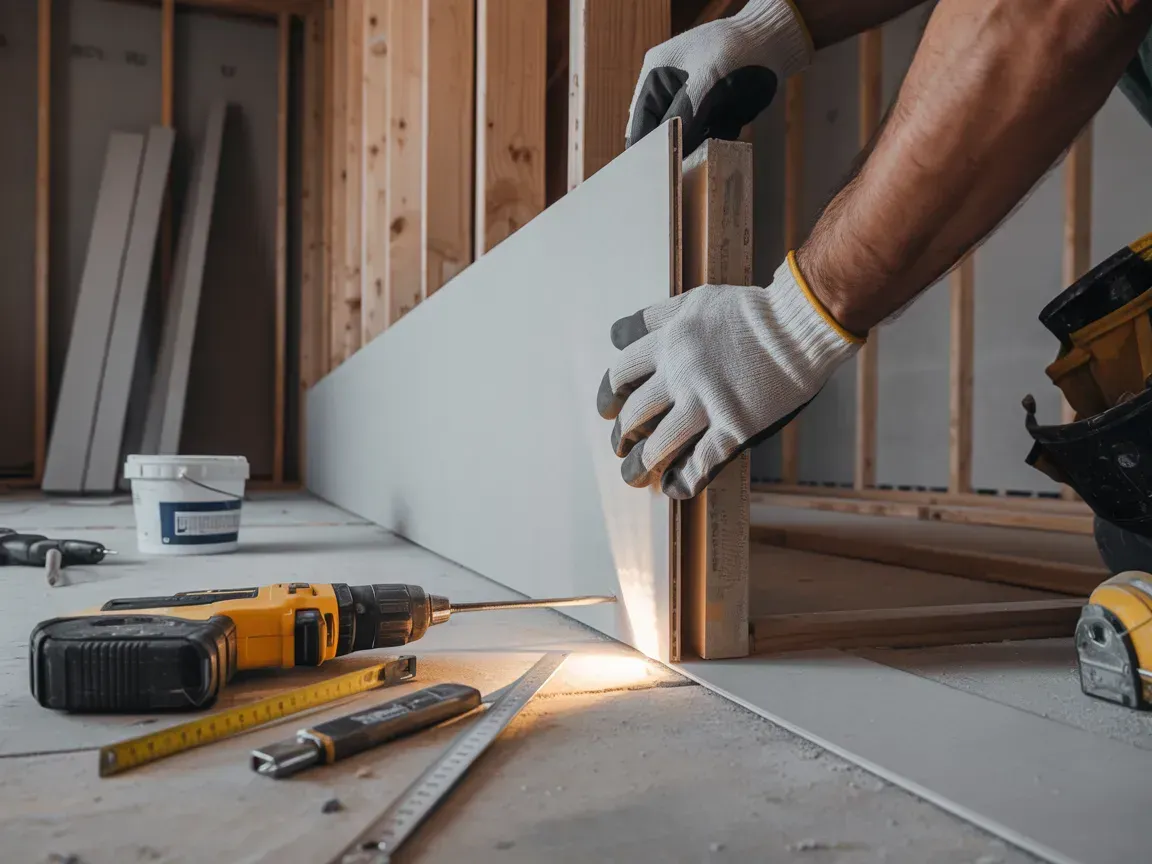 A worker in gloves installs drywall in a room under construction, with tools and materials visible.