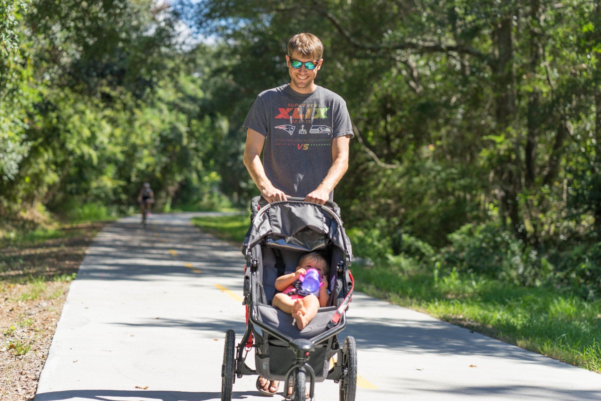 walking outside in Beaufort with a stroller on the Spanish Moss Trail