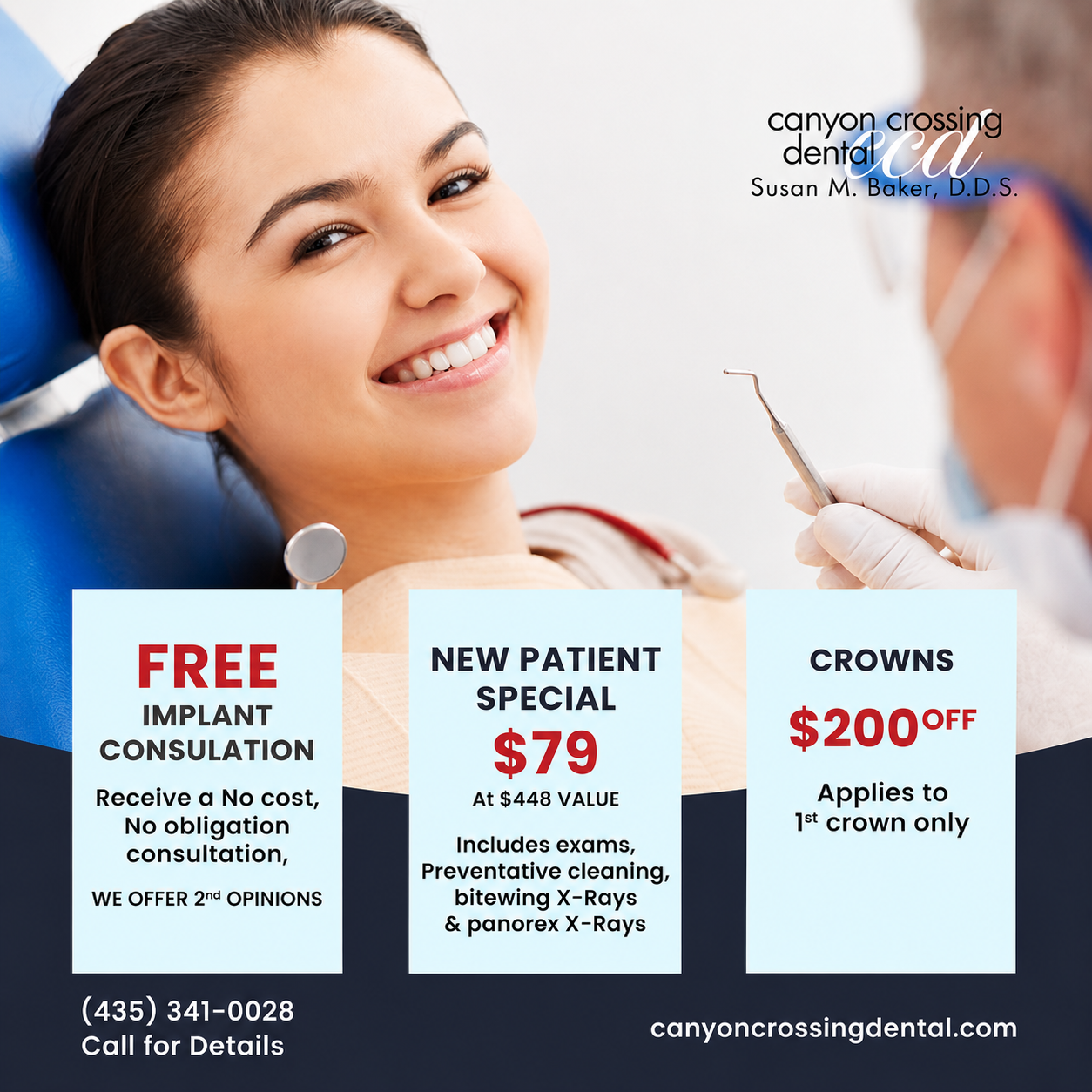 Smiling patient in a dental chair while a dentist works in the background