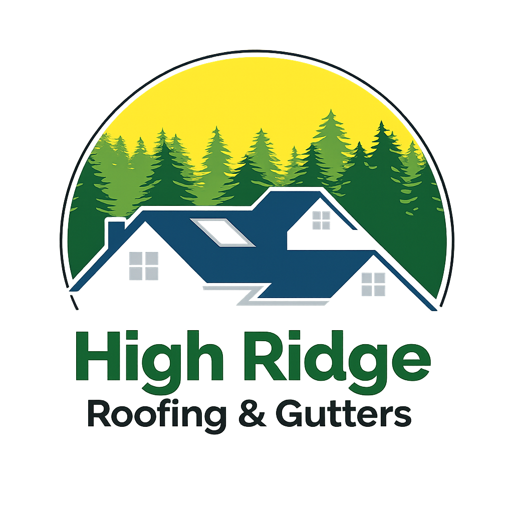 High Ridge Roofing & Gutters logo with a blue roof, green pine trees, and yellow sunburst
