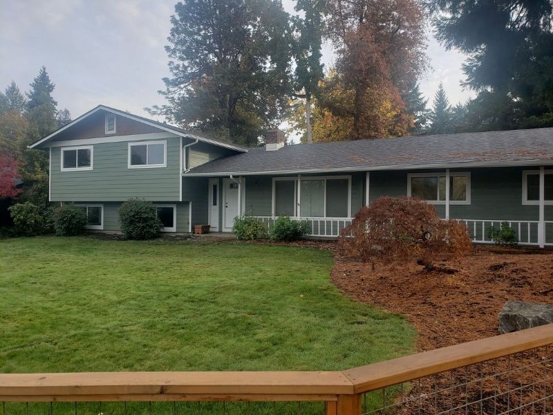 Suburban house with green siding, white trim, and a large lawn under tall trees