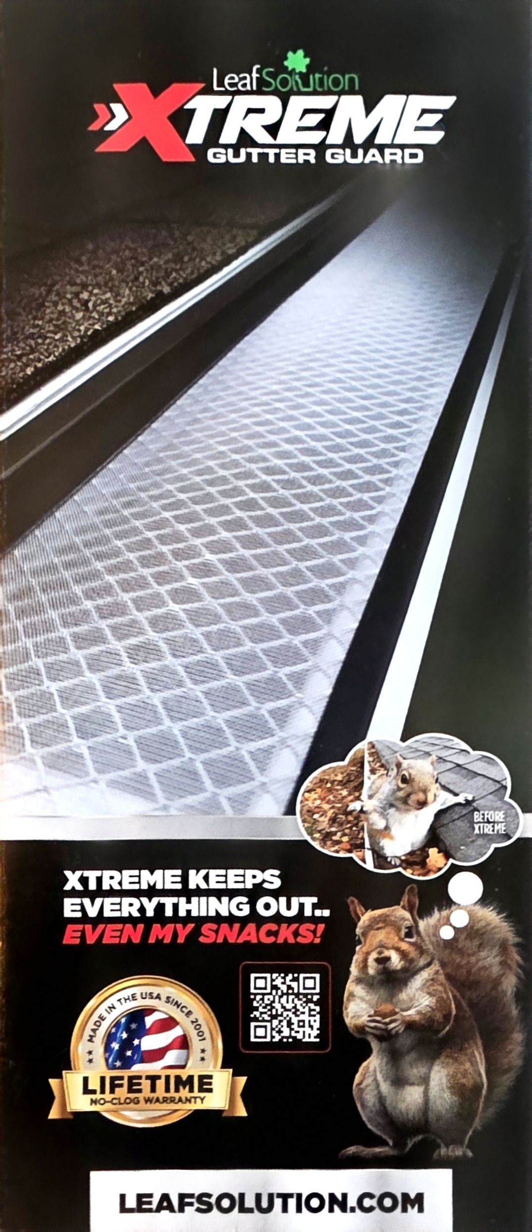 Lep-Xtreme gutter guard on a gutter, with leaves and debris nearby; ad for lifetime no-clog protection.