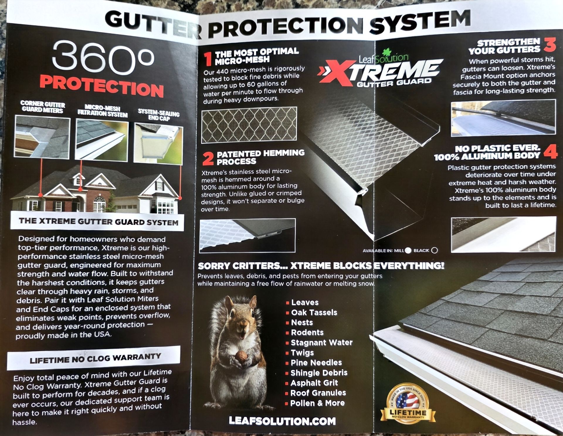 Promotional brochure for Gutter Protection System with 360° protection, product photos, and feature callouts