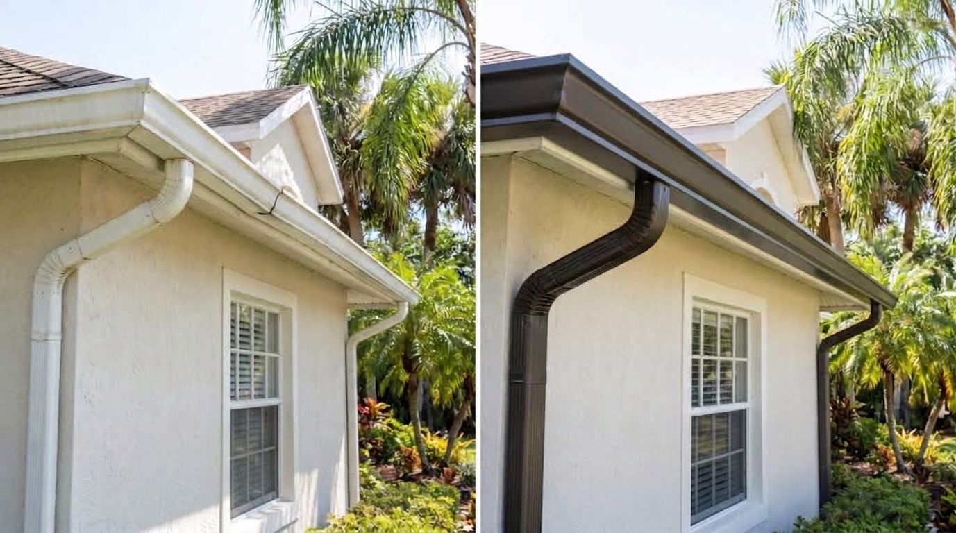 Side-by-side house exterior showing old white gutters replaced with black gutters under the roofline.