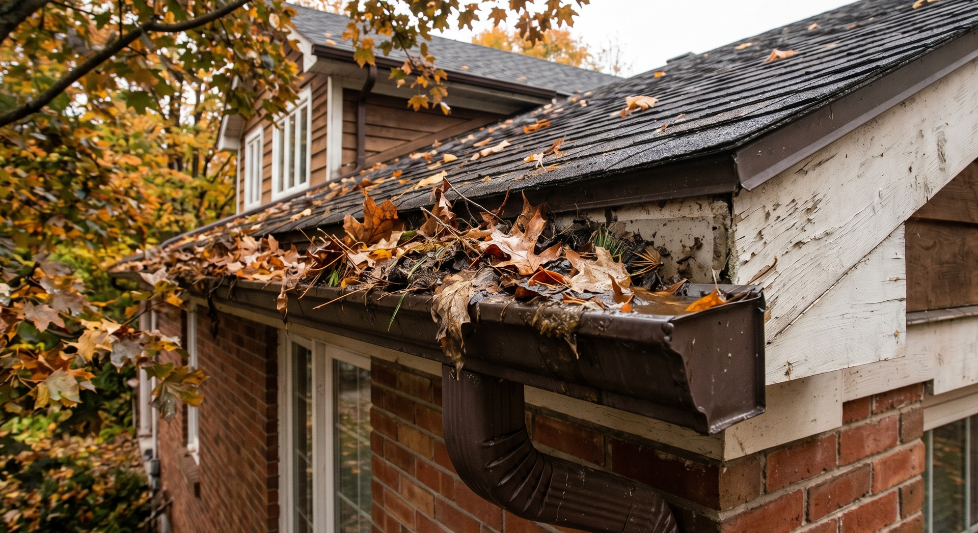 Autumn leaves piled on a gutter and roof of a brick house with white trim and a dormer window.