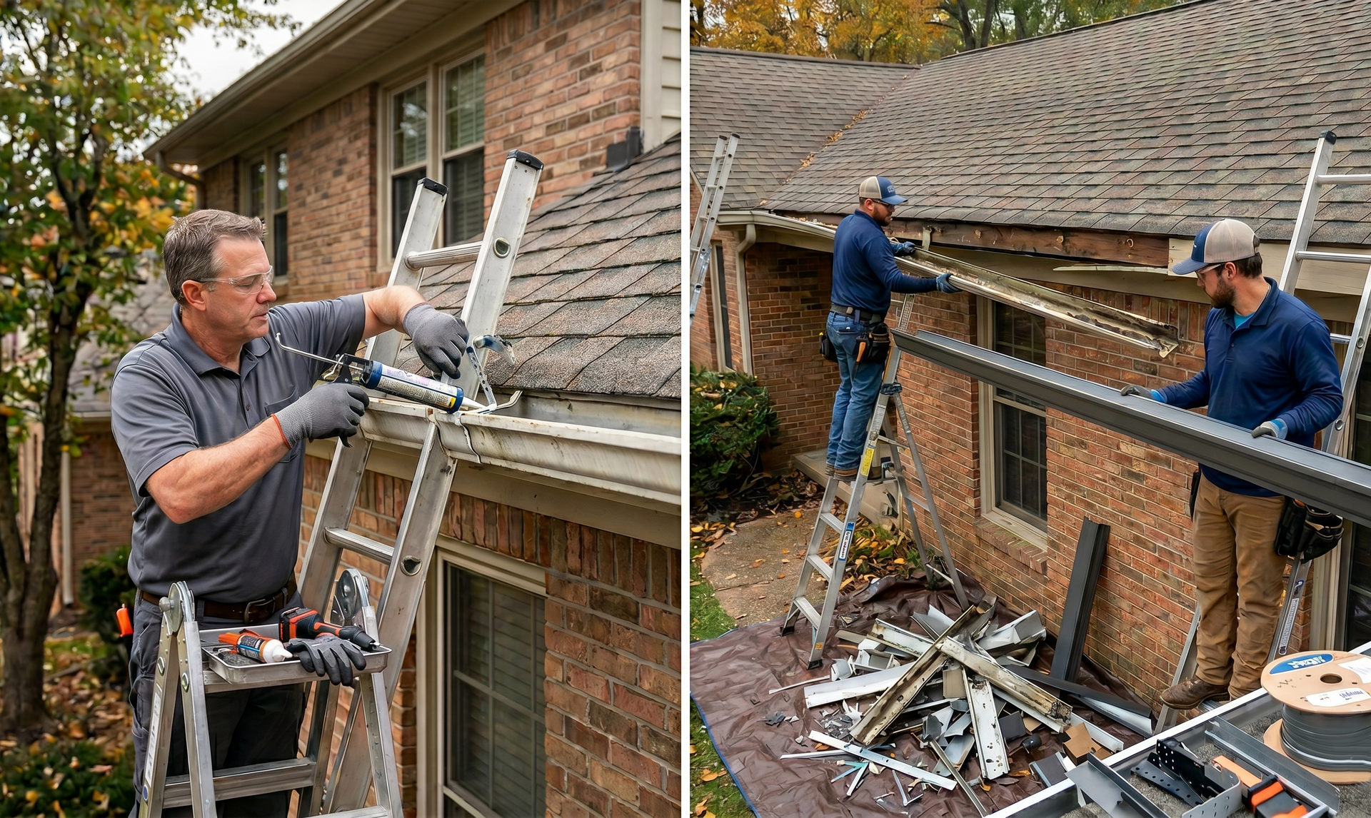 Workers repairing a roof and gutters on a brick house, with ladders and debris below
