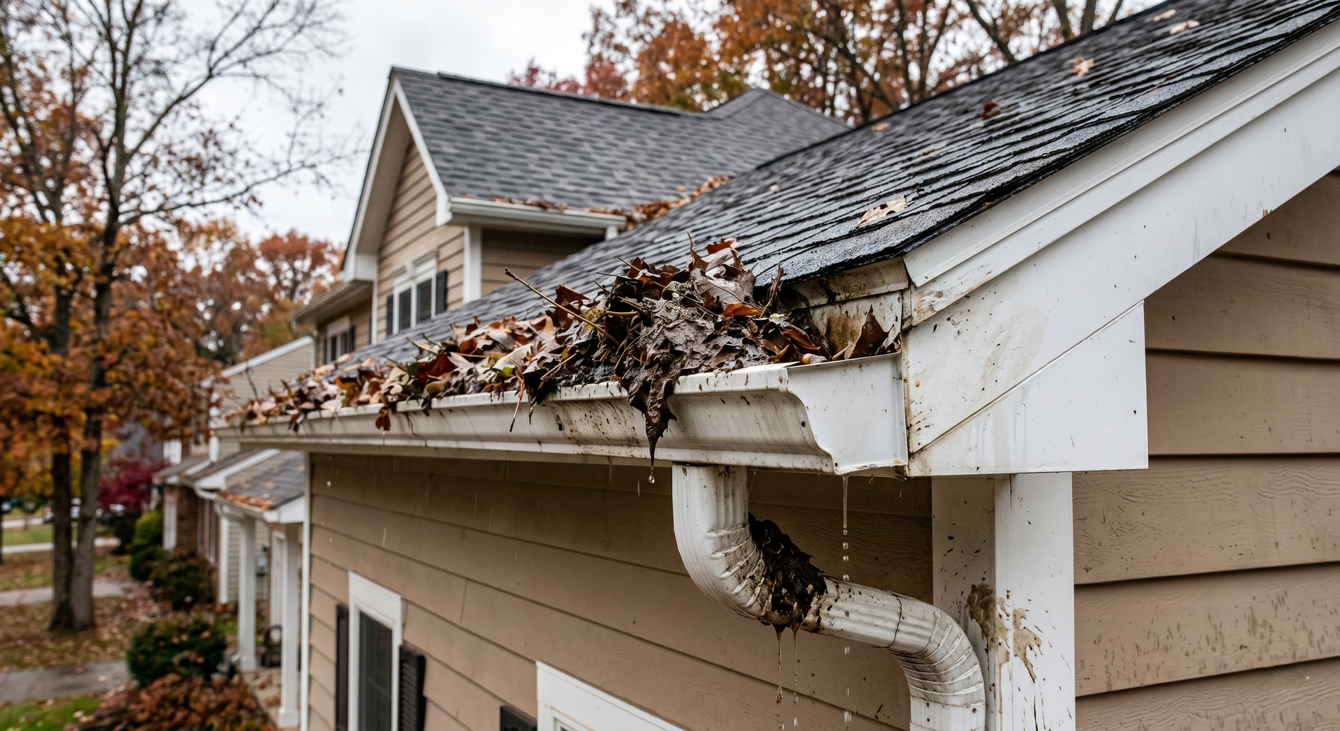 Clogged gutters with debris spilling from a house roof and downspout in autumn.