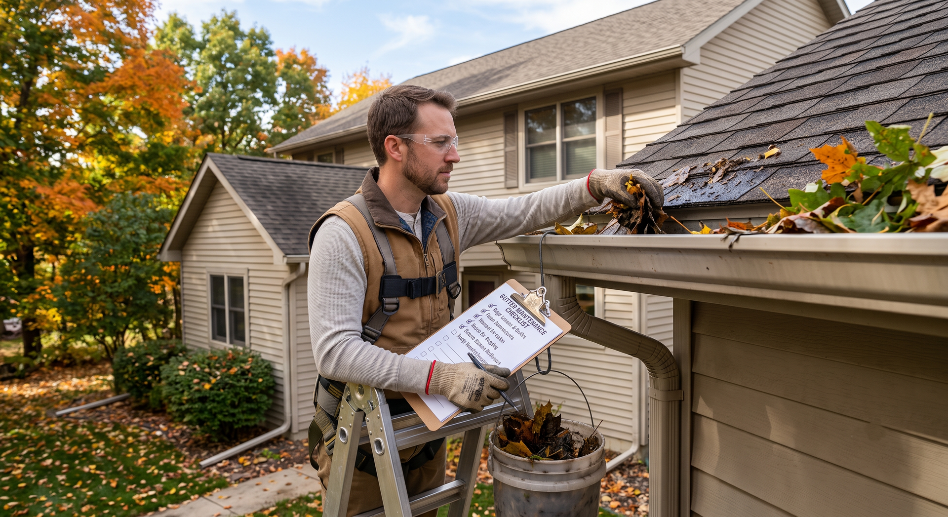 Worker cleaning gutters on a house roof with a ladder and bucket in autumn.