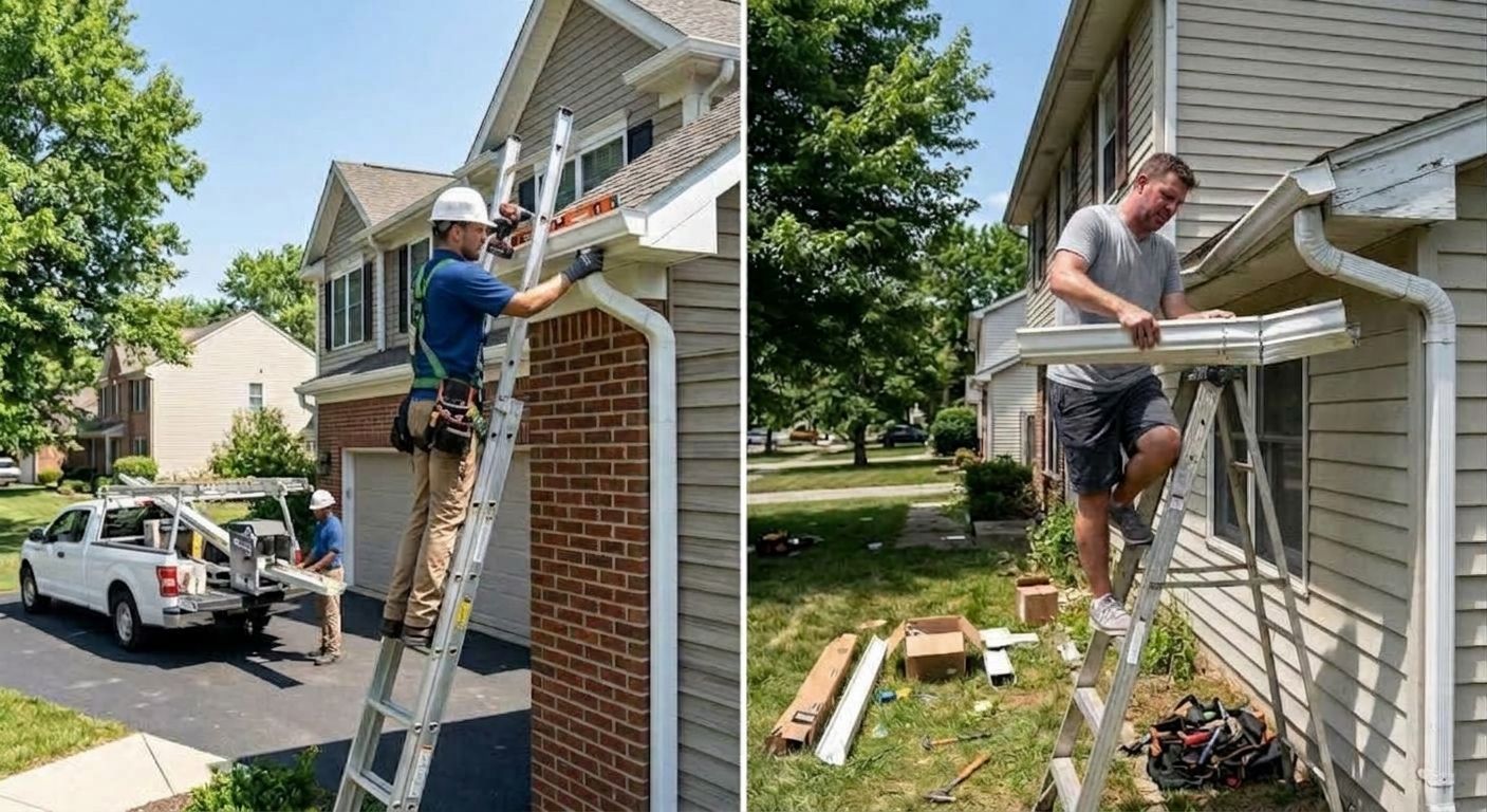 Two workers on ladders cleaning a house’s gutters and siding on a sunny day