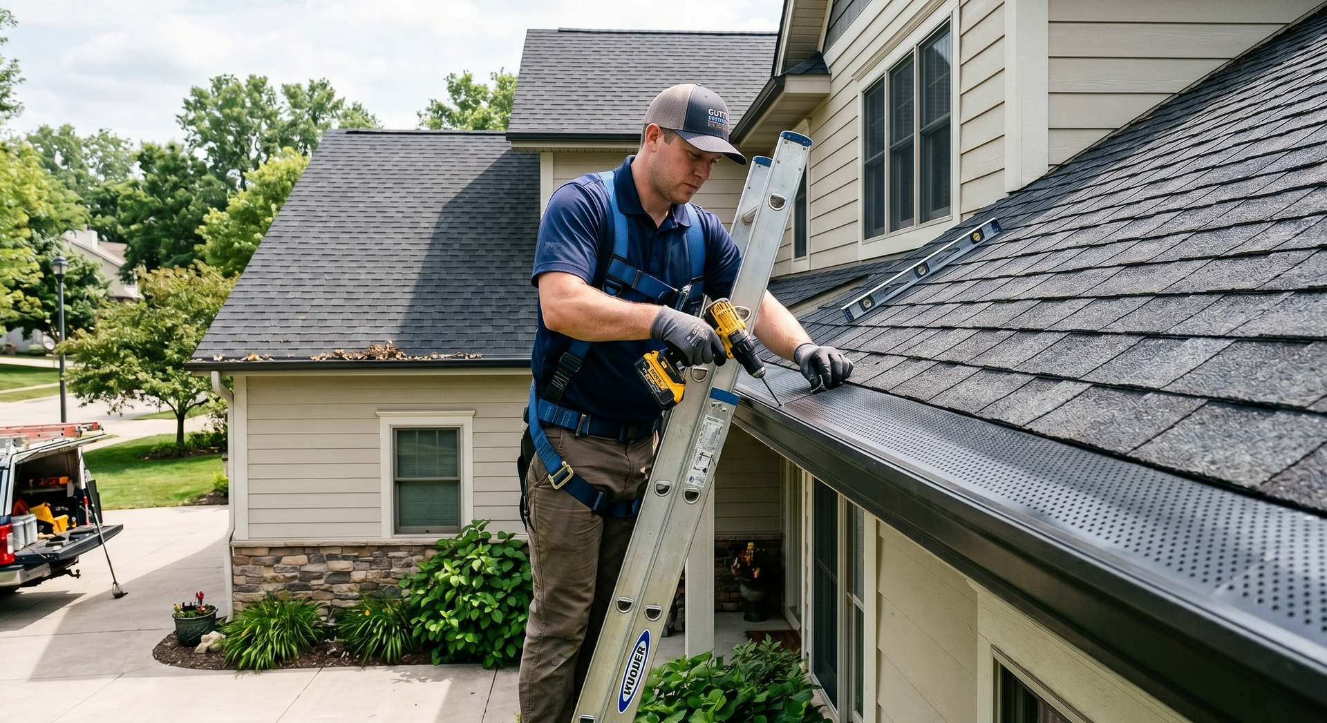 Worker using a yellow drill to repair a black car window frame under a blue sky