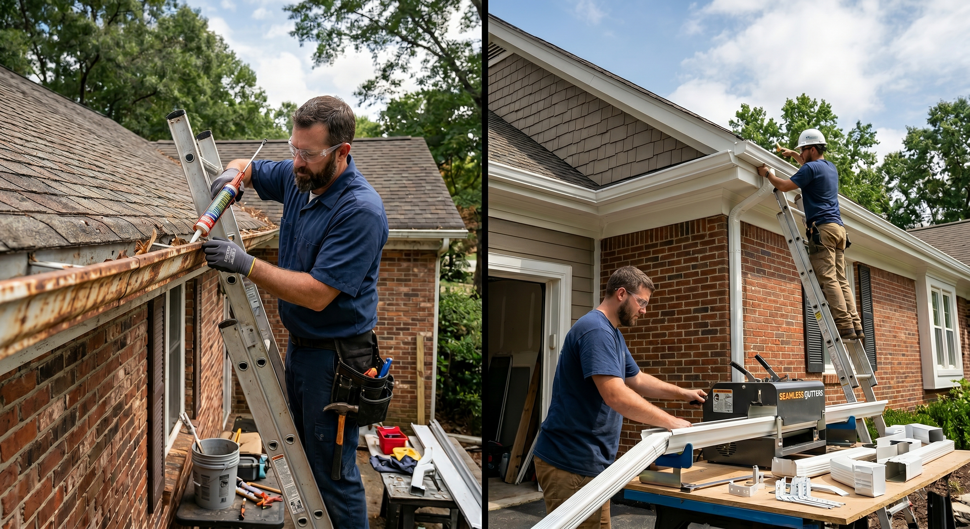 Workers repairing a brick house roof, installing shingles and gutter trim on a sunny day