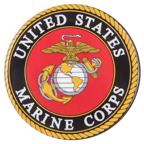 Official emblem of the United States Marine Corps featuring an eagle, globe, and anchor on a red circle with black border.