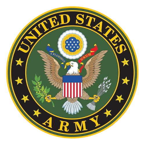 Official seal of the United States Army featuring an eagle, shield, and olive branch on a green background.