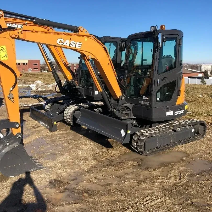 Orange CASE excavator on a dirt lot, side view with tracked undercarriage and boom raised Orange CASE excavator on a dirt lot, side view with tracked undercarriage and boom raised