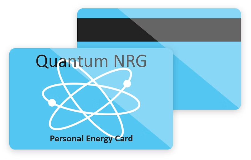 Two blue Quantum NRG personal energy cards, one showing an atom icon and one with a black stripe